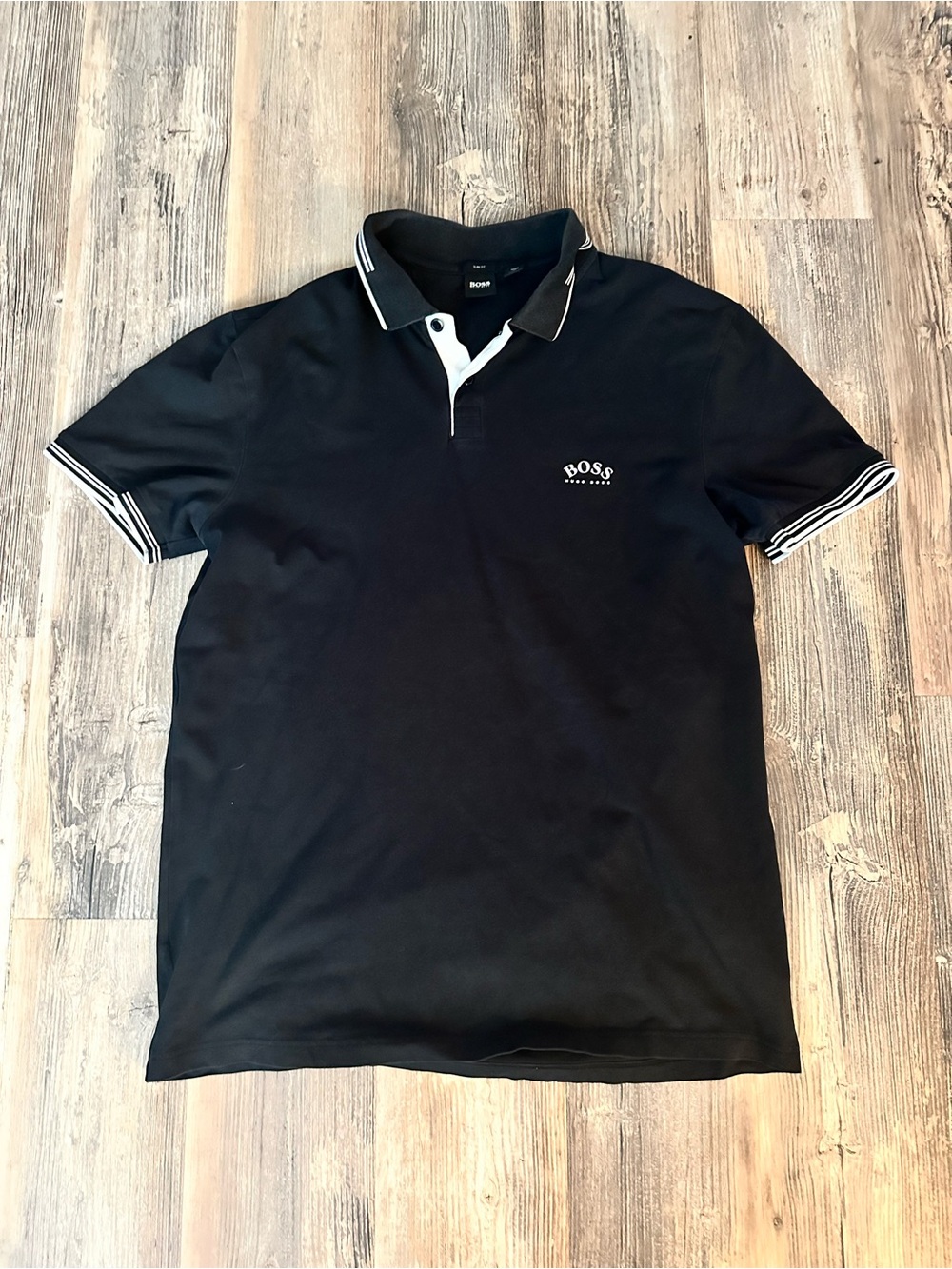 BOSS Men's Black Polo Shirt with White Stripe Trim